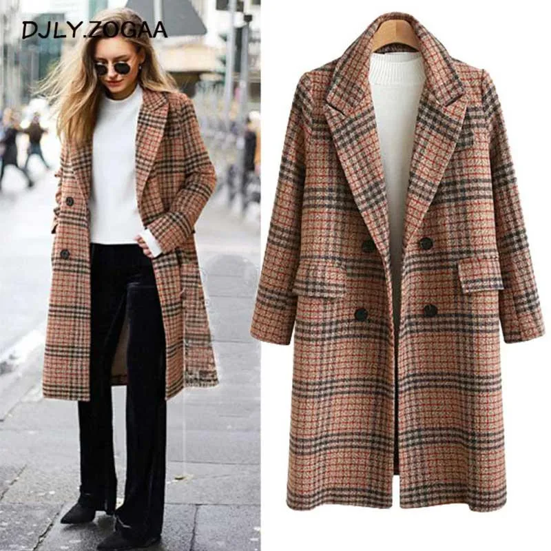 Women's Wool & Blends ZOGAA Autumn Winter Women Loose Mid-length Plaid Woolen Coat Ladies British Style Double Breasted Large Size Warm Long