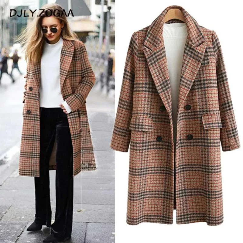 Lã feminina mistura Zogaa Autumn Winter Women Loose Longe Plaid Loolen Coat Ladies British Style British Basted Tamanho grande quente Longo