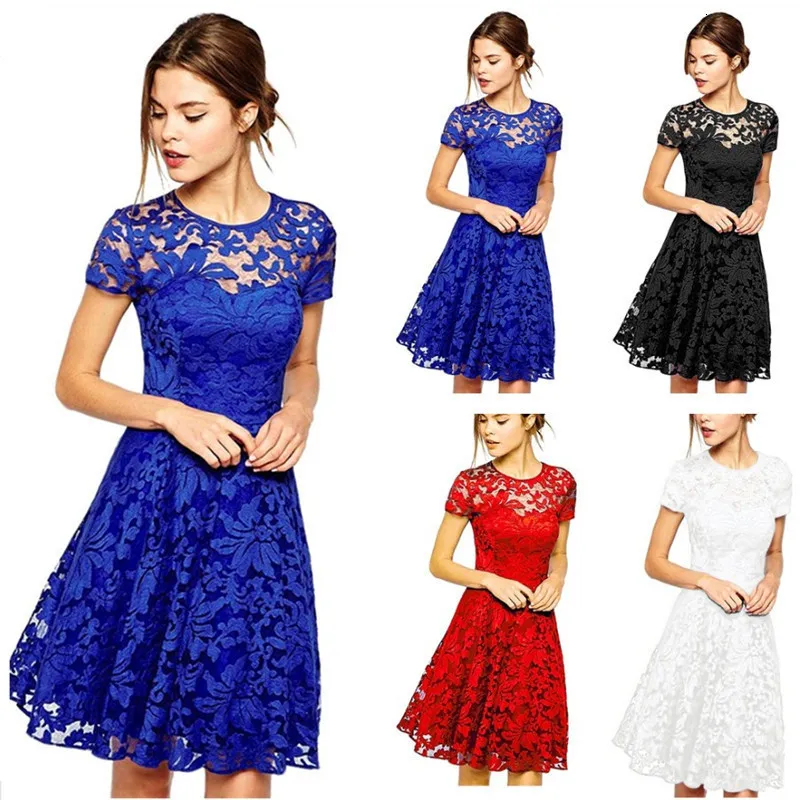 Casual Dresses Sexy Women Floral Lace Dress Round Neck Short Sleeve Vintage Lace A-line Dress Patchwork Slim Pleated Swing Cocktail Party Dress 230511