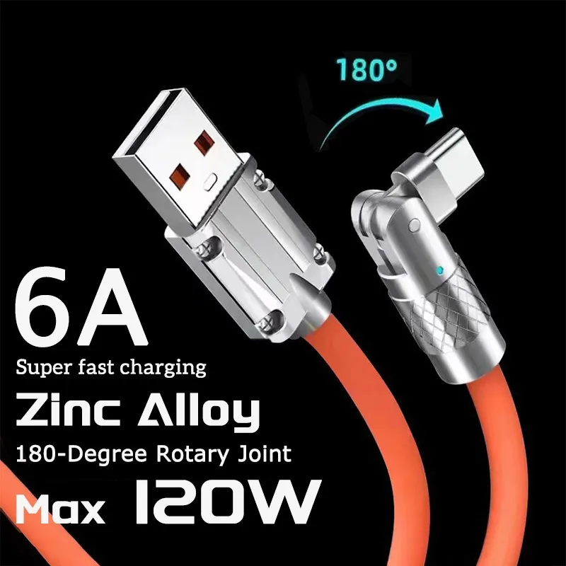 120W 6A شحن سريع النوع C كابل 180 درجة التناوب كبل الكوع للعبة ل Xiaomi Samsung Charger Liquid Silicone USB C