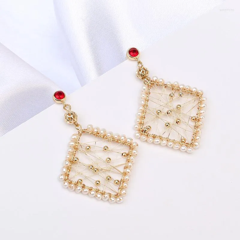 Boucles d'oreilles Vintage Square Gold Wire Wrap Solid 925 Silver Women Unique Earring With Natural Real Pearl Beads Handmade Wedding Gift