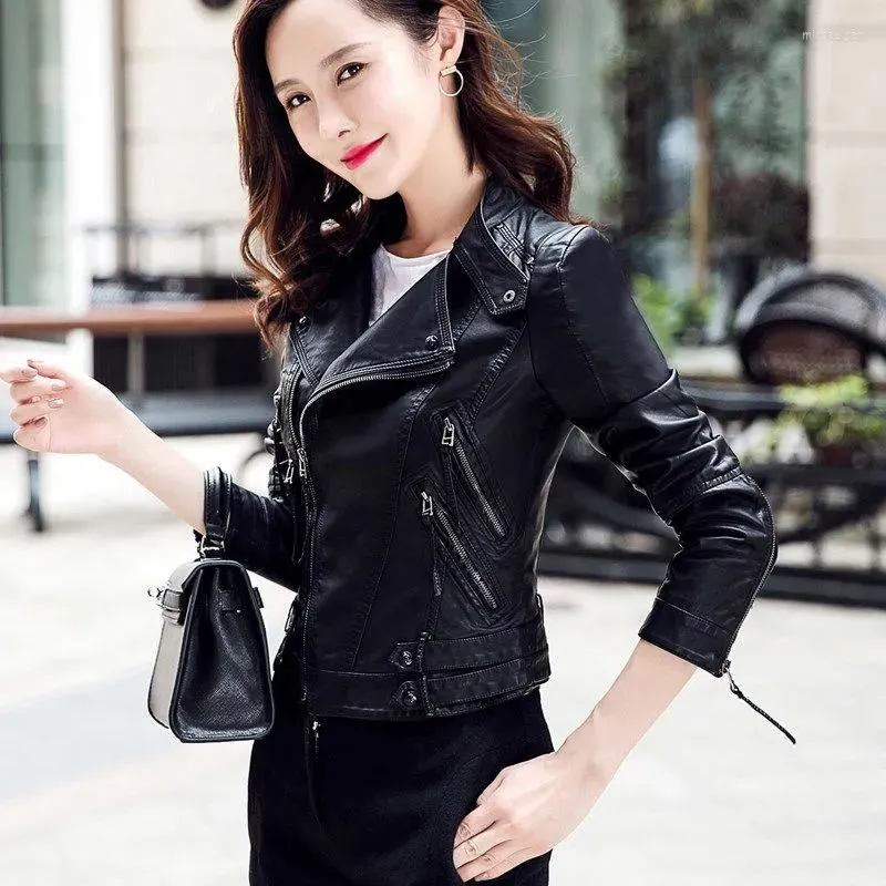 Women's Jackets Fashion Women's Leather Jacket Short 2023 Spring Autumn Korean Slim Washed PU Motorcycle Coat Trend 482