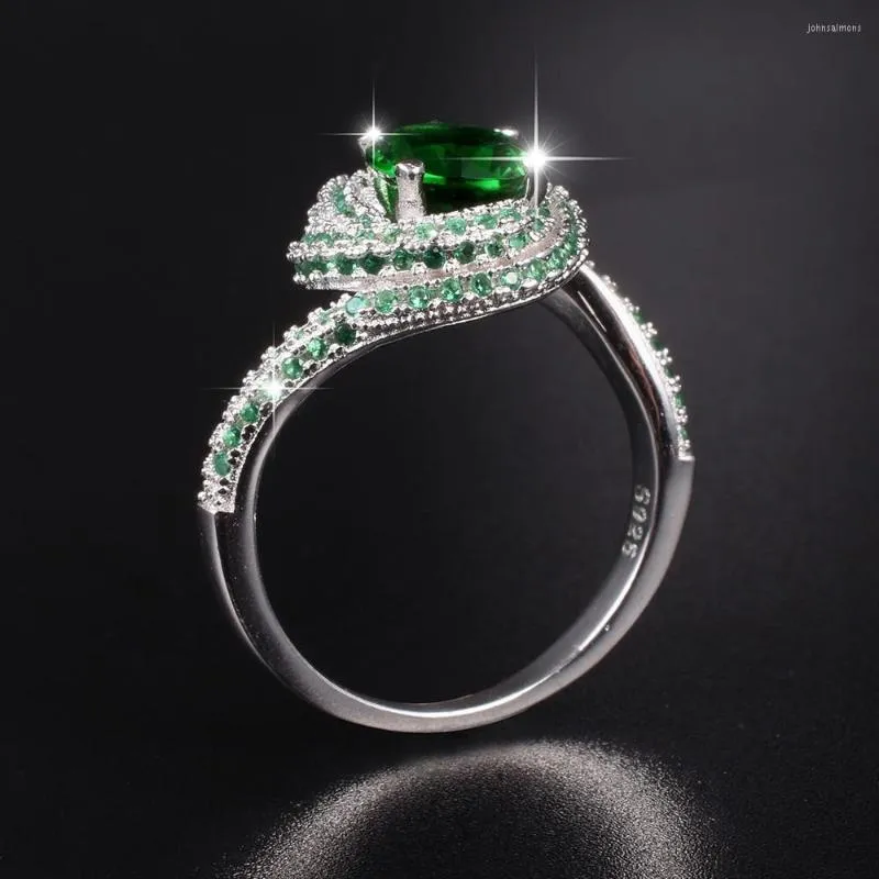 Klusterringar Promotion !!! Verklig solid 925 Sterling Silver Wedding Jewelry for Women Natural Green Gemstone Engagement Ring SZ 5-10