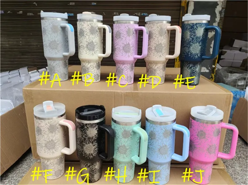 Wholesale! Stainless Steel 40oz Sunflower Print Travel Mugs With Handle and Lids B0042