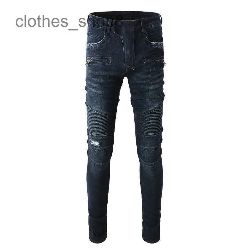 Jean Amirres Denim Hommes Pantalons 1099 Bleu Foncé Marque De Mode Multi-poches Slim Fit Jeans Élastique Moto High Street Skinny HC7V