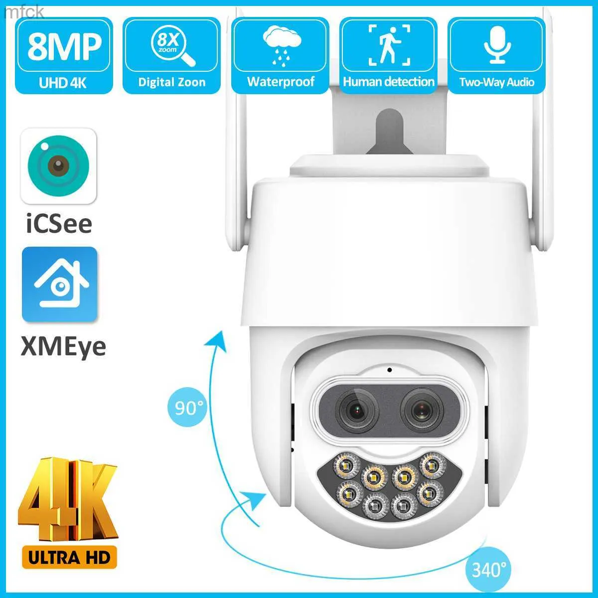 Board Cameras WEPOOS 4K 8MP PTZ WiFi Camera 8X Digital Zoom Dual Lens AI Human Detection Waterproof External CCTV Video Surveillance Cameras