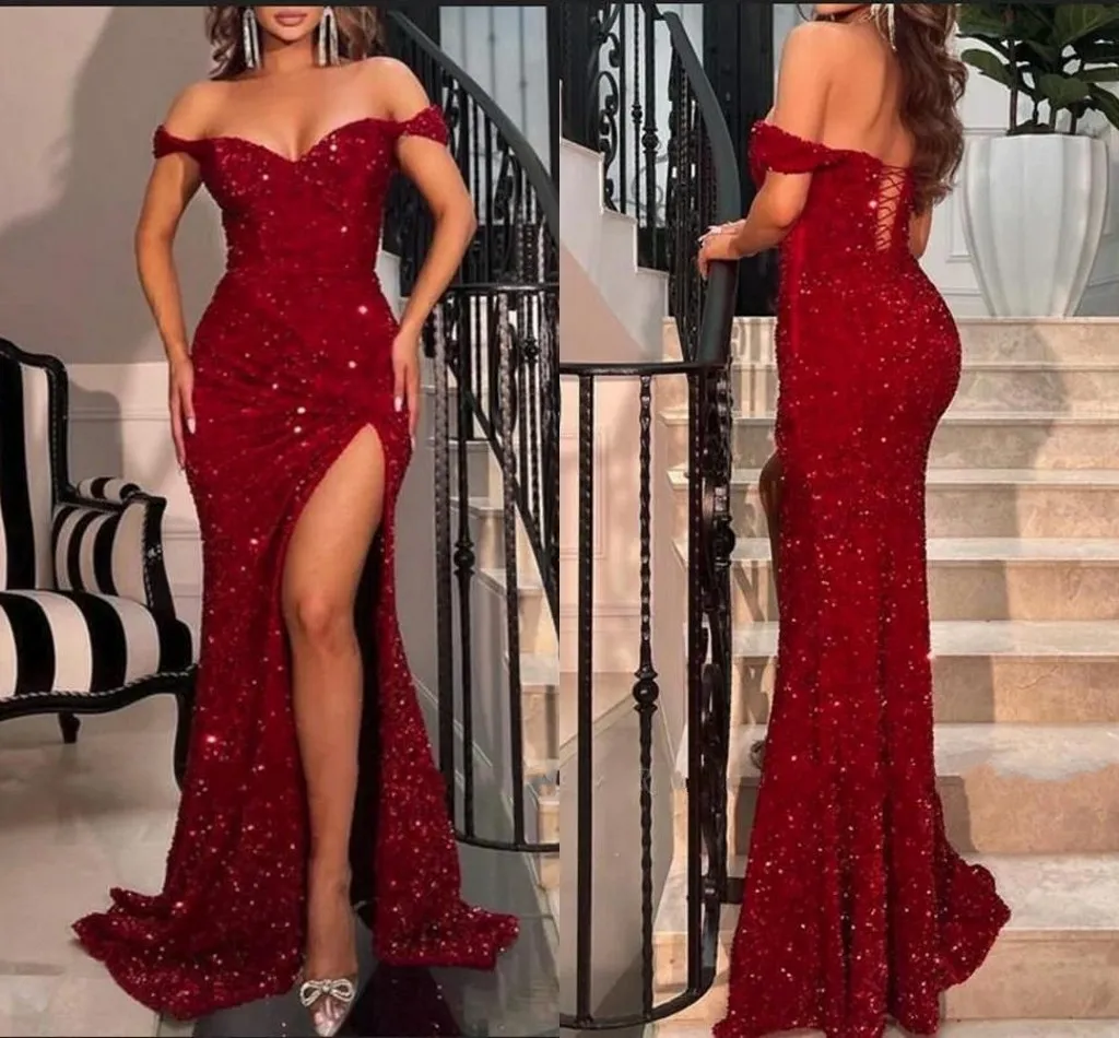 Rouge foncé Sexy Sirène Robes De Bal Longues pour Femmes Paillettes Hors Épaule Haut Côté Split Étage Longueur Formelle Soirée Fête Anniversaire Pageant Deuxième Réception Robes