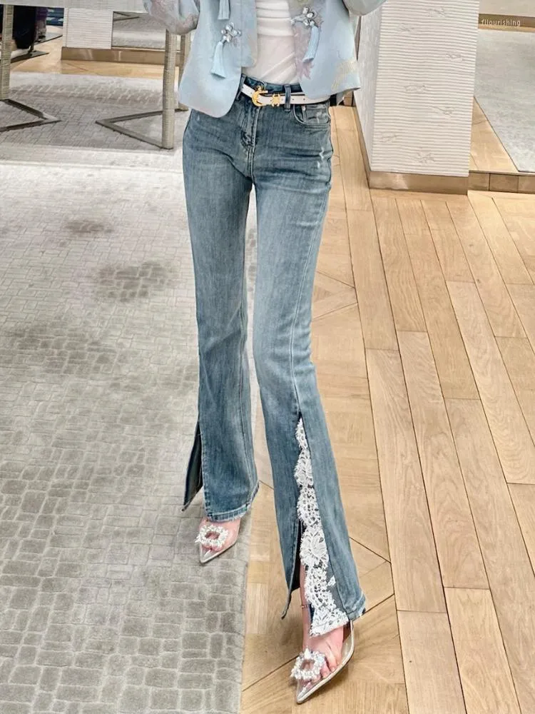 Women's Jeans 2023 In Lace Split High Waist Women Spring/Summer Denim Flare Pants Retro Full Length Floral Trousers