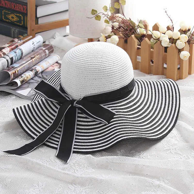 ワイドブリム帽子バケツ帽子ファッションヘップバーンウィンドブラックホワイトストライプボウノット夏の太陽帽子美しい女性ストロービーチハット大きなブリムハット230511