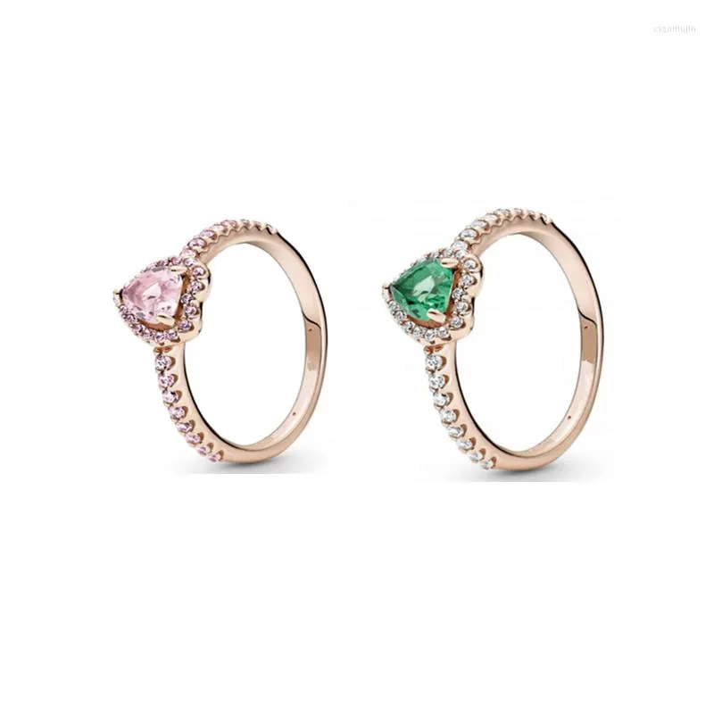 Ringos de cluster 2023 Coleção de outono 925 Sterling Silver Pink Green Elevated Heart for Women Rose Anilos Girl Jewelry Gift