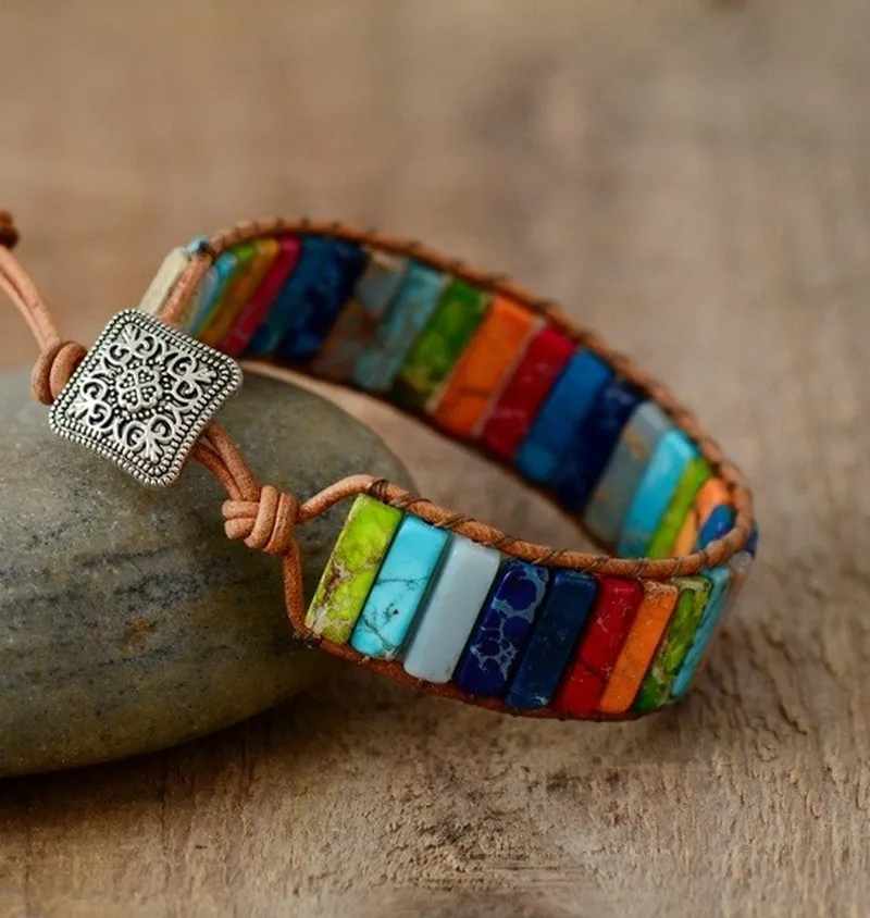 2022 nouveau Style multicolore naturel gemme en cuir tibétain gitane perlé Bracelet réglable pour hommes et femmes