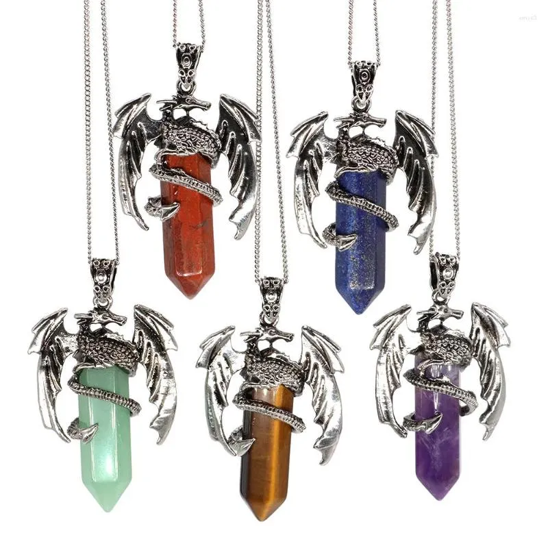 Pendant Necklaces Animal Dragon Man Natural Stone Hexagonal Point Amethyst Tiger Eye Healing Crystal Necklace Vintage Jewelry Men Gifts