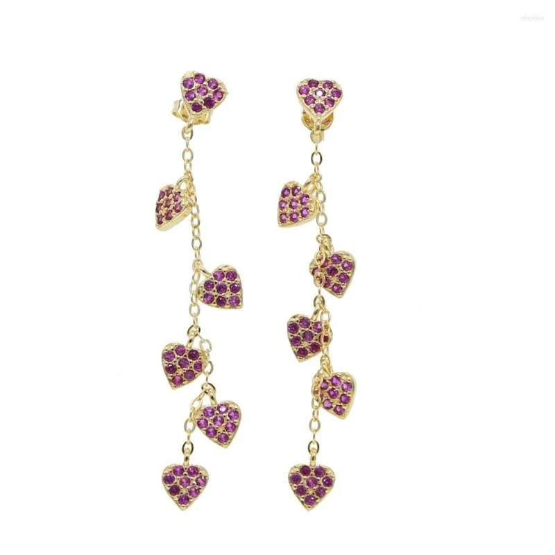 Boucles d'oreilles pendantes or Rose couleur rouge Cz minuscule coeur goutte longue gland chaîne pendante boucle d'oreille mode femmes à la mode bijoux