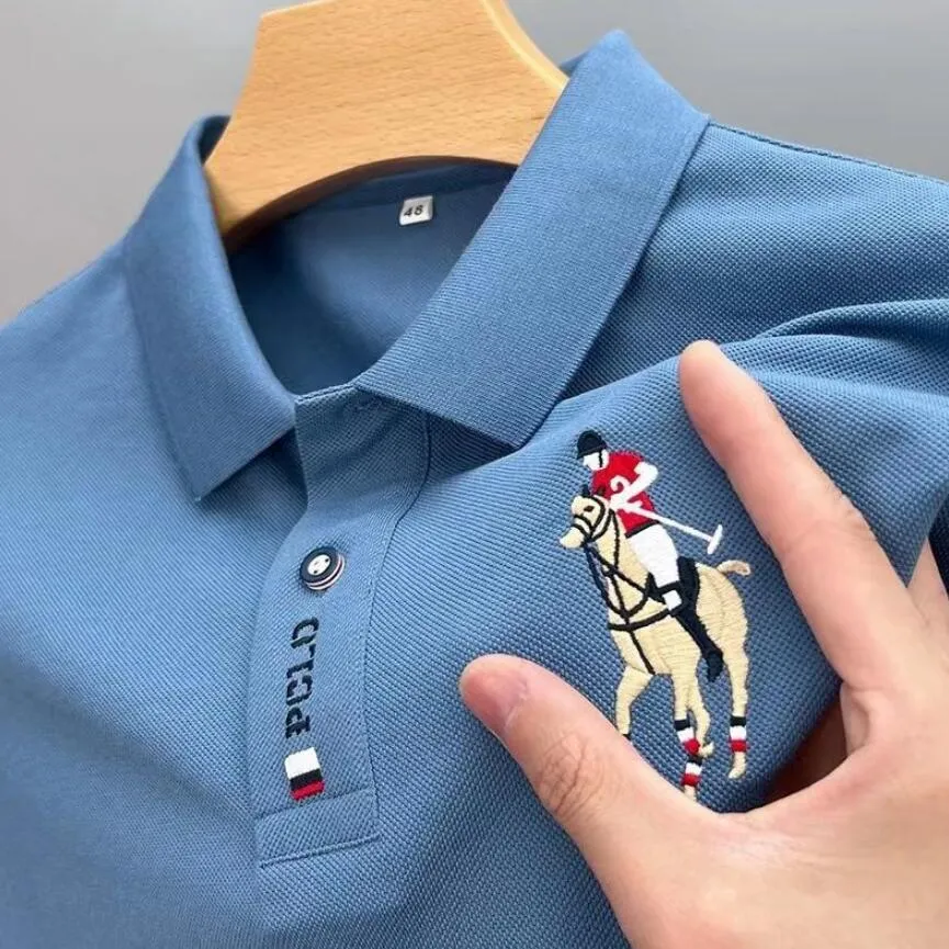 Men s Cotton Blend Polo Shirt with Horse Embroidery Casual Short Sleeve Loose Fit Breathable Top Black Orange Gray Blue White Sage