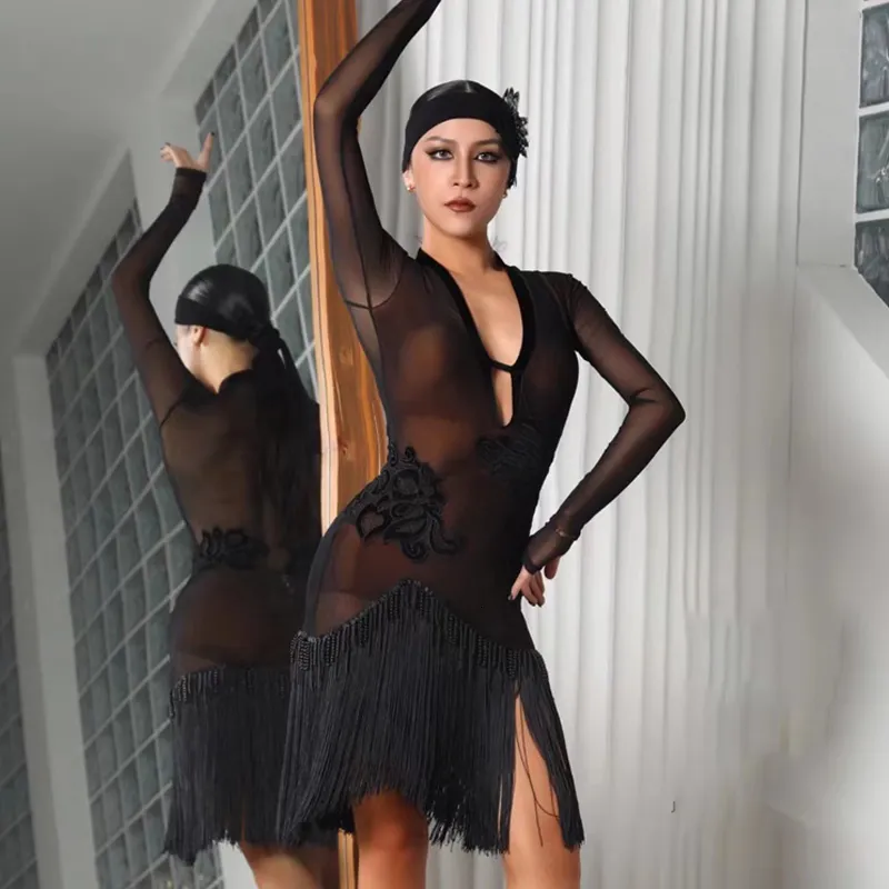 Seksi Etek Kadınlar Latin Dans Performansı Elbise Seksi See-Thenh-Through Fringed Elbise Chacha Samaba Tango Latin Dans Yarışması Elbiseler JX335 230511