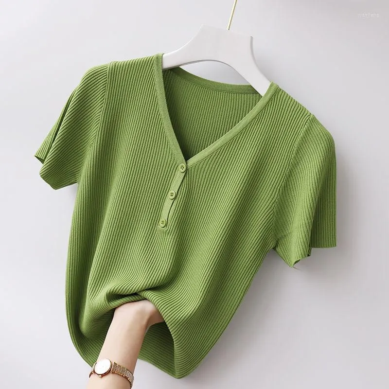 メンズセーター半袖Tシャツ女性サマーVネックピュアカラーボタンテンダーミニマリストクラシックファムオールマッチソフトトップティー