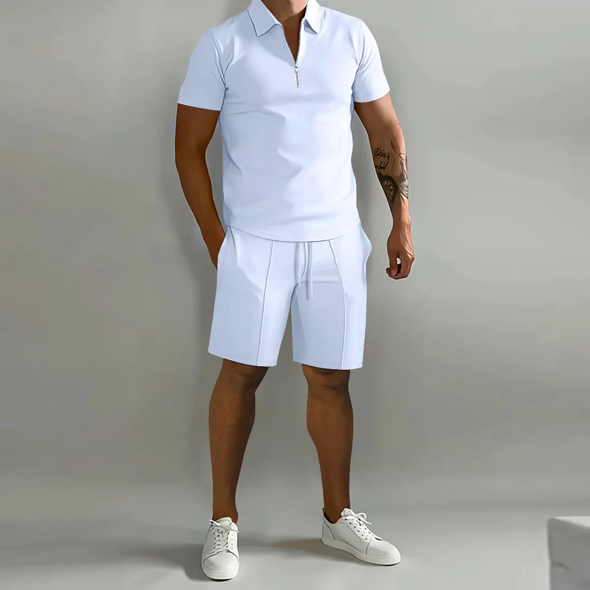 メンズトラックスーツ夏半袖薄いポロシャツスポーツショーツ2ピース
