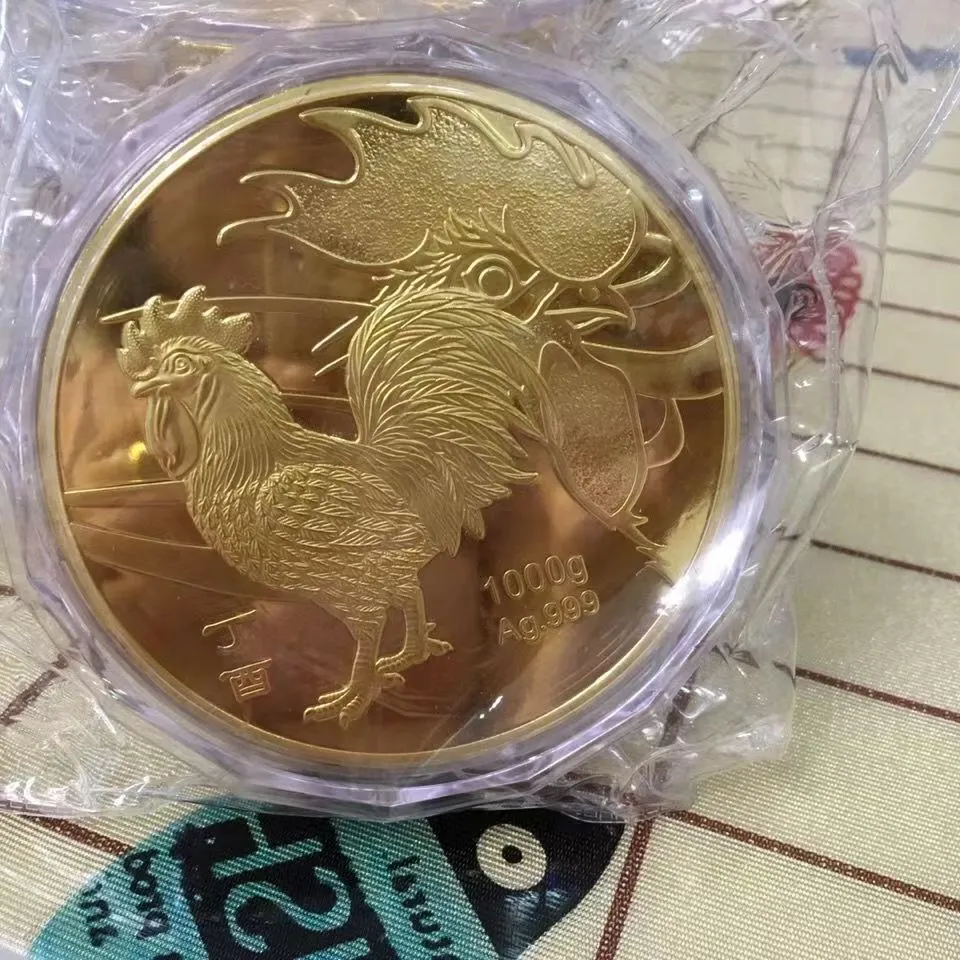 Arts and Crafts 1000G Chinese Shanghai Mint 1kg Gold Color Zodiac Chicken Silver Commemorative Medallion