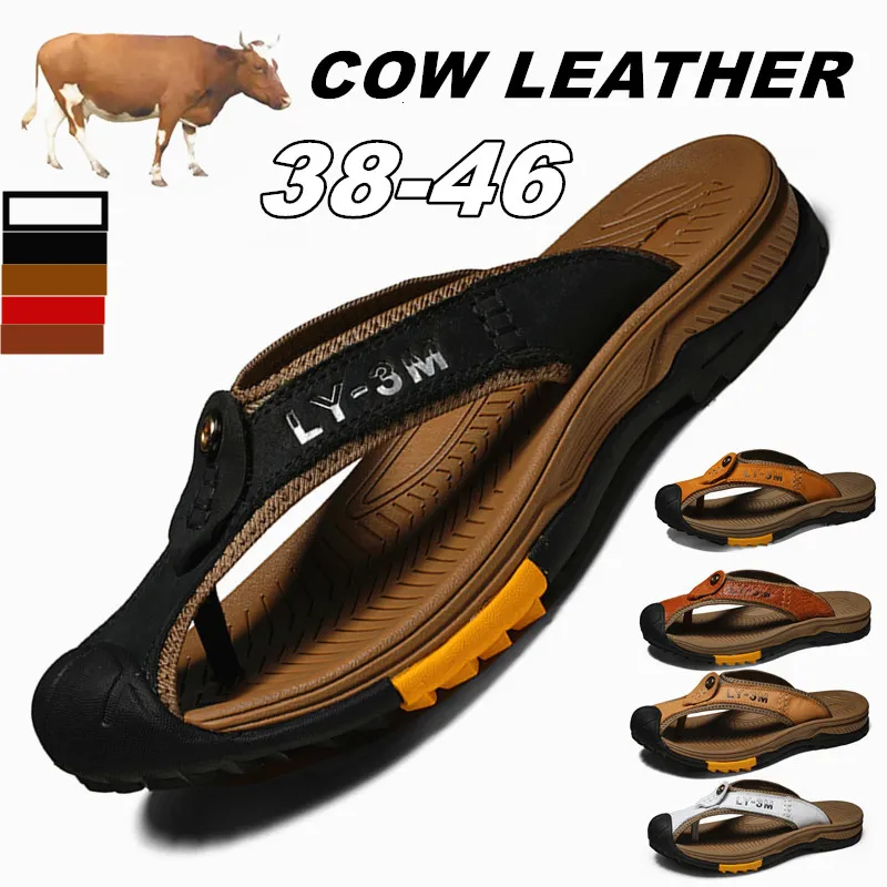 Slippers Summer Men Flip Flops Genuine Cow Leather Shoes Casual Outdoor Sandals Clogs Beach Platform Indoor Home Flipflop Slide 230510