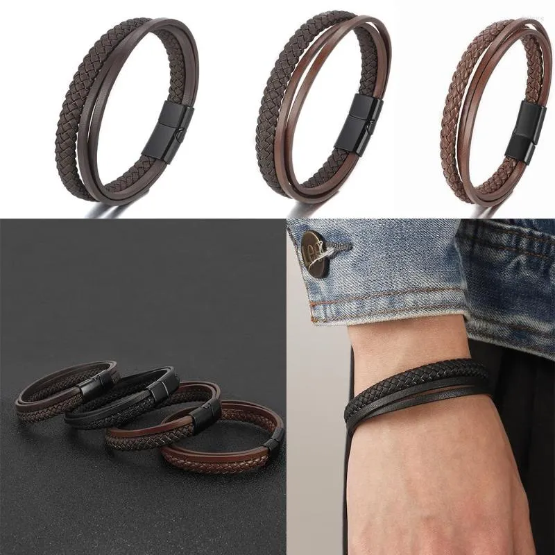 Charm Bracelets Wholesale Multilayer Leather Rope Wrap Hand Weaving Bracelet Braided Magnetic Buckle Stainless Steel For Men Jewelry