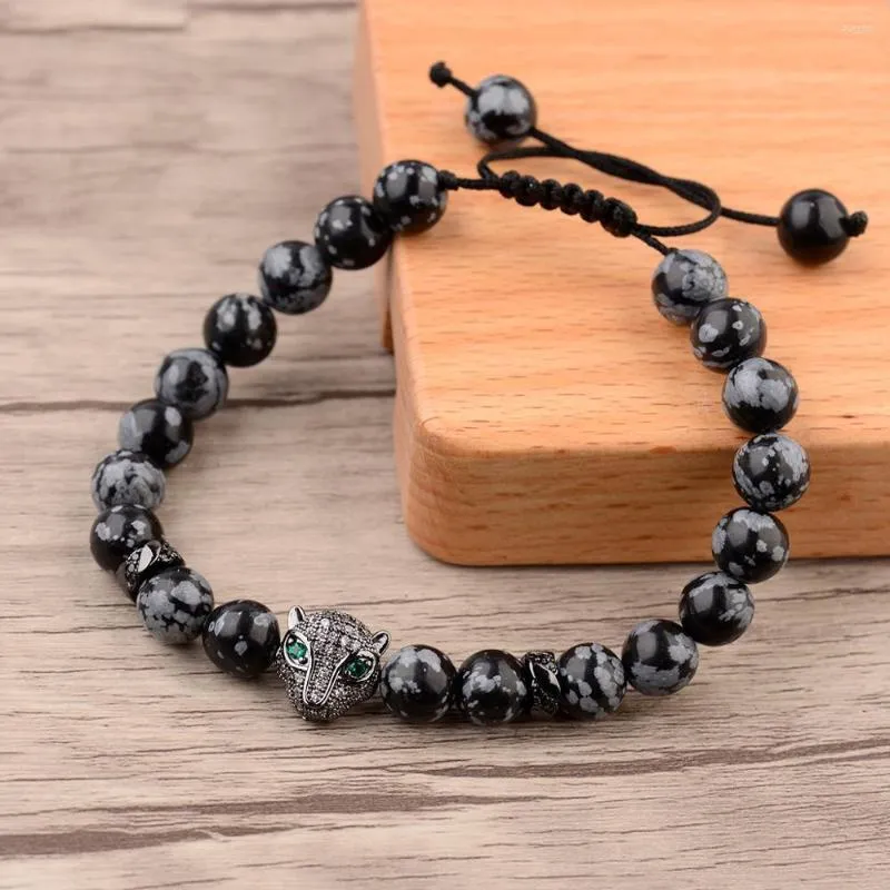 Strand braccialetto di perline di alabastro nero naturale da uomo moda perline testa di leopardo zircone regolabile 2023 regalo di gioielli
