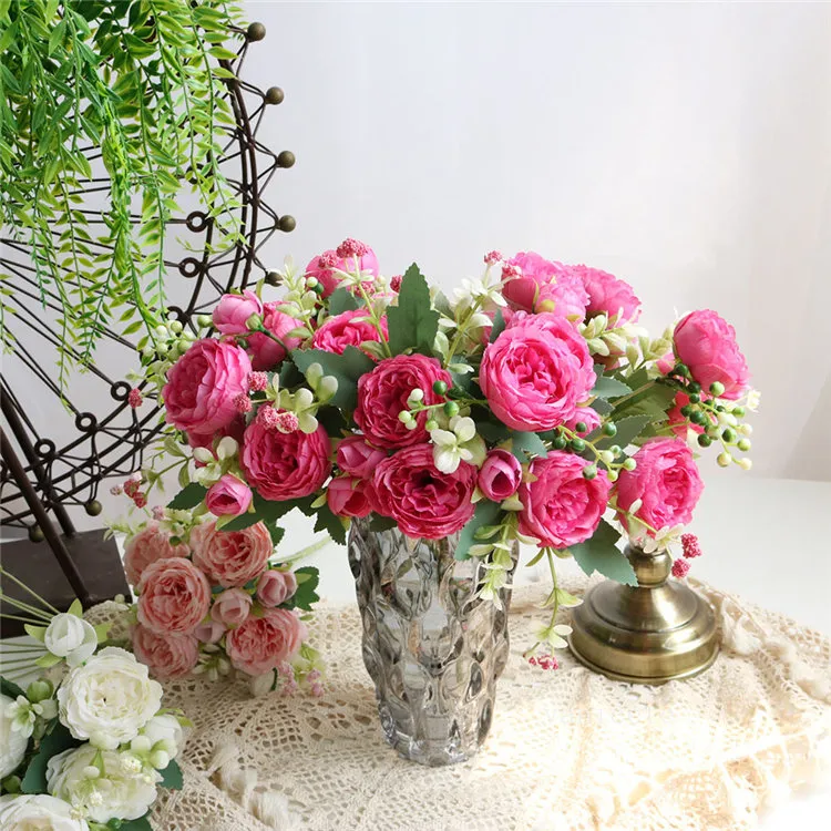 Domowe kwiaty dekoracyjne symulacja Mała bukiet róża sztuczna dekoracja ślubna kwiat 5 głowy perskie kwiaty róży LT409
