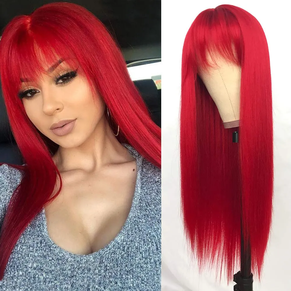 Long Silky Straight Red Wig With Bangs Heat Resistant Red