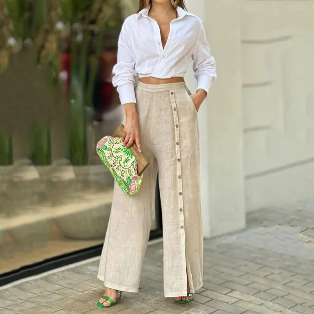 Ensemble Femme Chemisier + Pantalon Jogging - Coton Et Lin, Couleur Unie, Décontracté (printemps/été) - 6