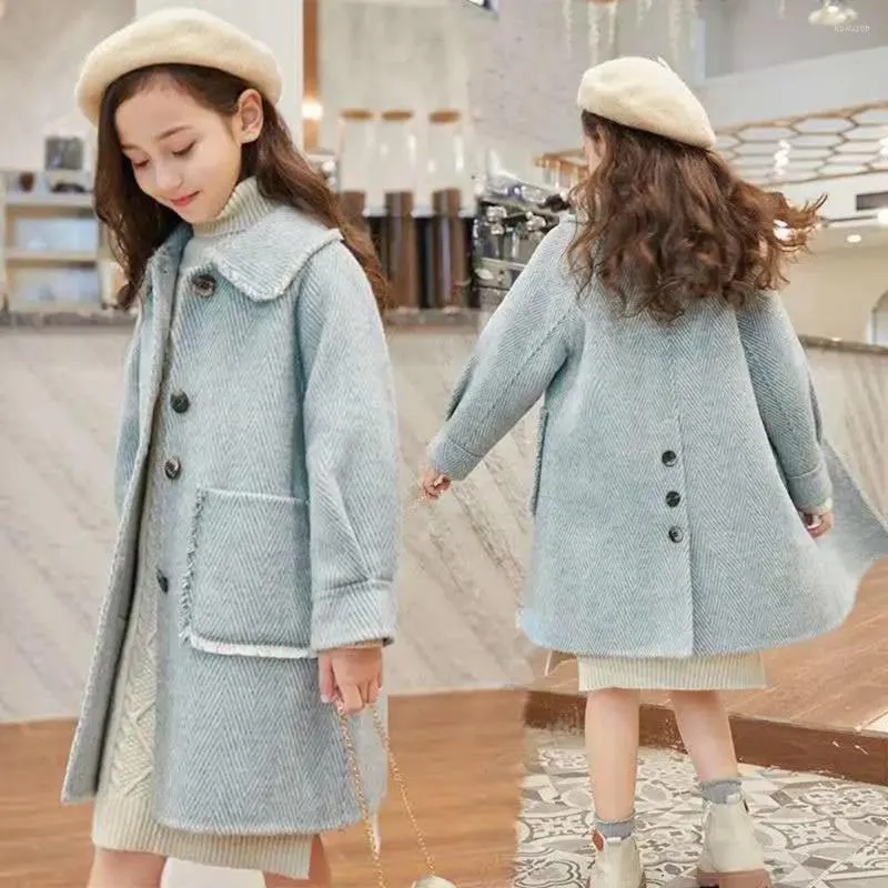 Winter Woolen Jacket for Girls Blue Long Warm Toddler Coat for Fall Ages 5 12