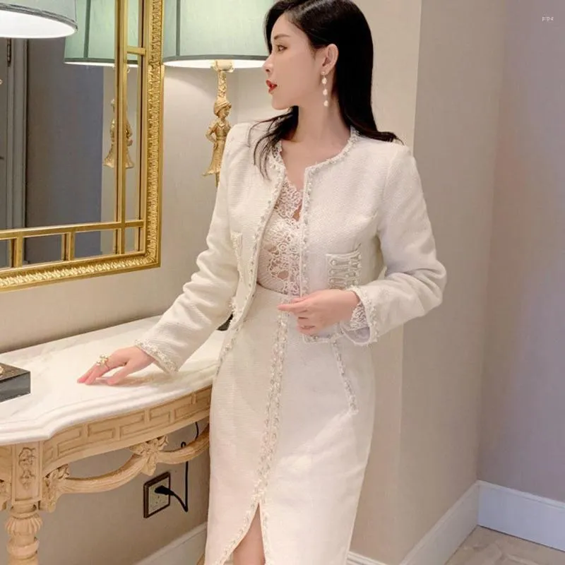 Light Luxury Vintage Work Dresses With Tweed Pearl Short Jackets