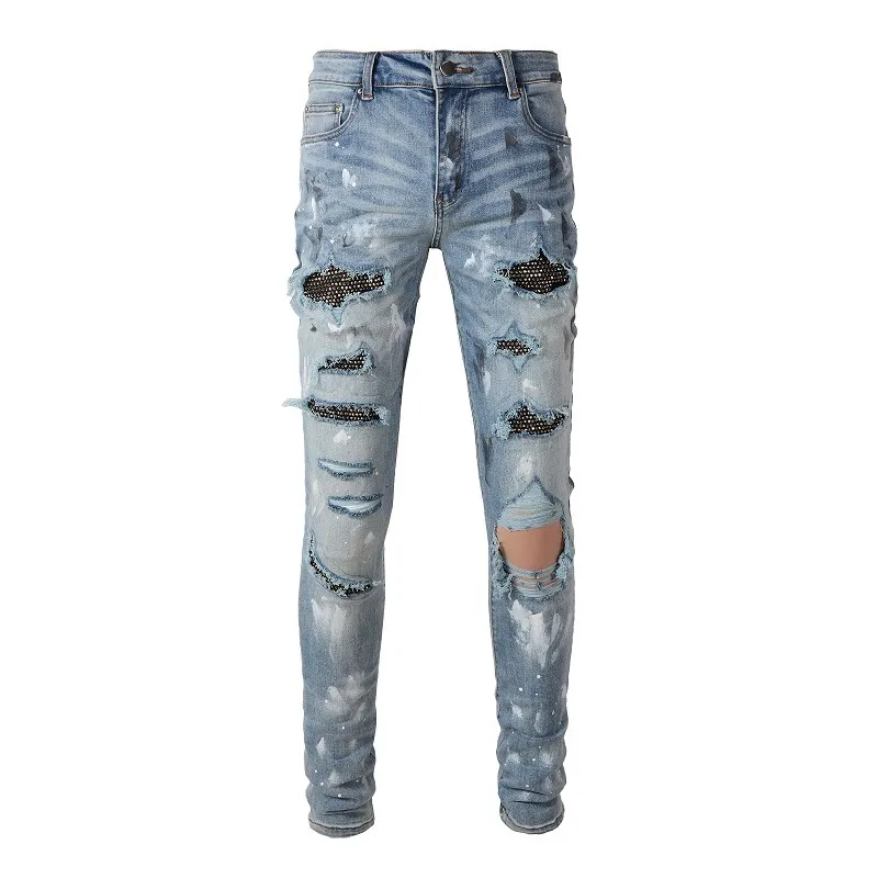 Mens jeans aankomst noodlijdend licht blauw mager gescheurde streetwear beschadigde s geschilderde slanke fit stretch vernietigd 230511