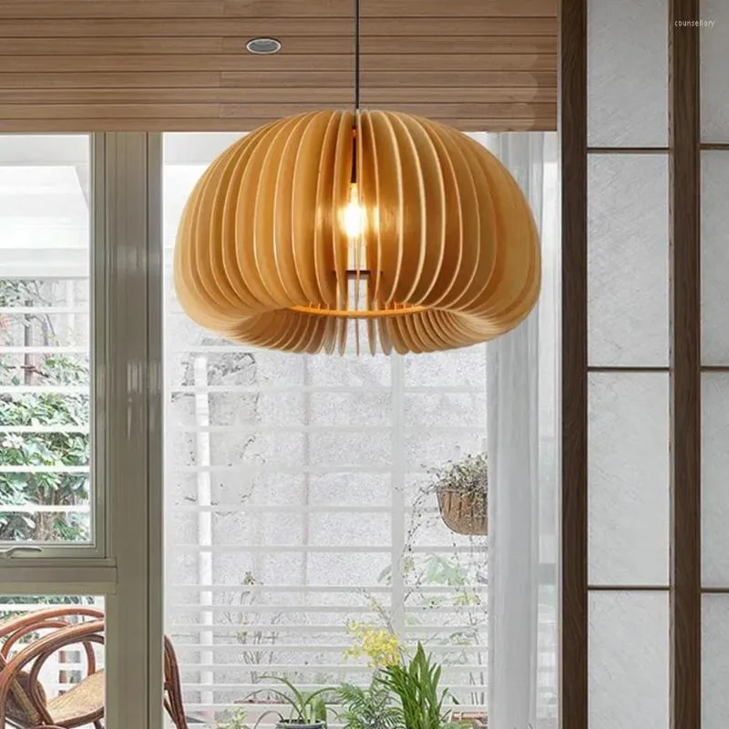 Pendant Lamps 18cm Japan Style Retro Pumpkin Art Restaurant Ceiling Light Modern Bedroom Dining Room Home Decorative Wooden Chandelier