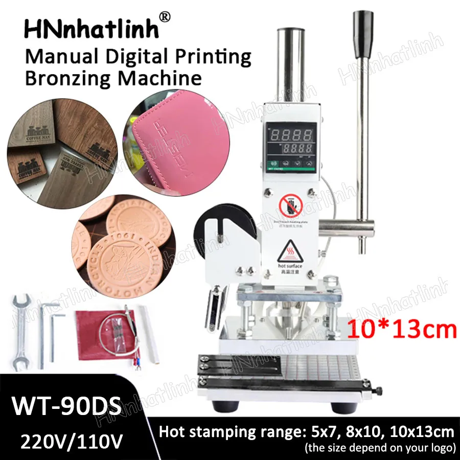 WT-90CT Handmatige PVC-kaart Lederen papier 300W 500W Hotfolie Stamping Bronzing Embossing Branding Press Machine Burn Iron Logo Stamp Tool met positioneringsschuifregelaar