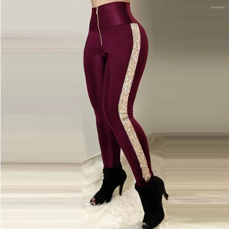 Damesbroek 2023 European American American Zipper High Taille Fitness Leggings Women Long Paillins Patchwork Slim Hips Vrouwelijke dameskleding