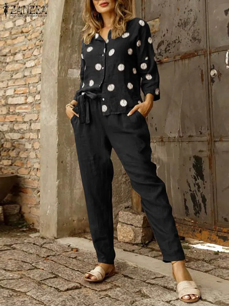 Womens Two Piece Pants Summer Polka Dot Tracksuits ZANZEA Casual