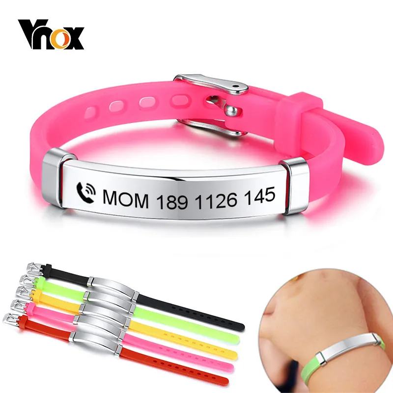 Vnox Personalize Kids Baby ID Bracelets Soft Silicone Rudder Stainless Steel Children Girls Boys Custom Emergency Name Phone