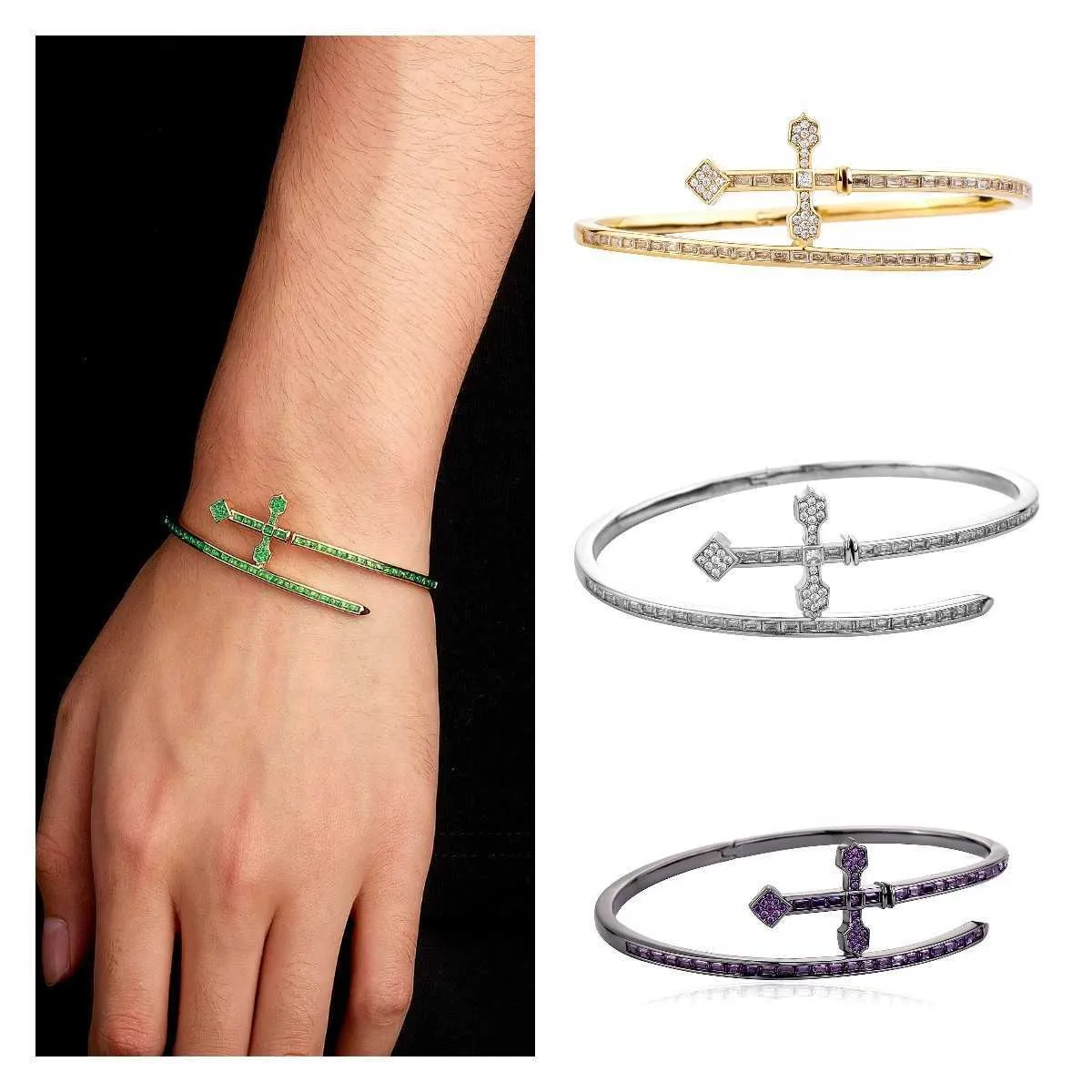 Sword of Justice Symble Open Cuff Bangle Armband ins hip Hop Cross Green Purple Color AAA CZ Stone Shiny Cubic Zirconia Real Gold Plated Jewelry Bijoux för män kvinnor