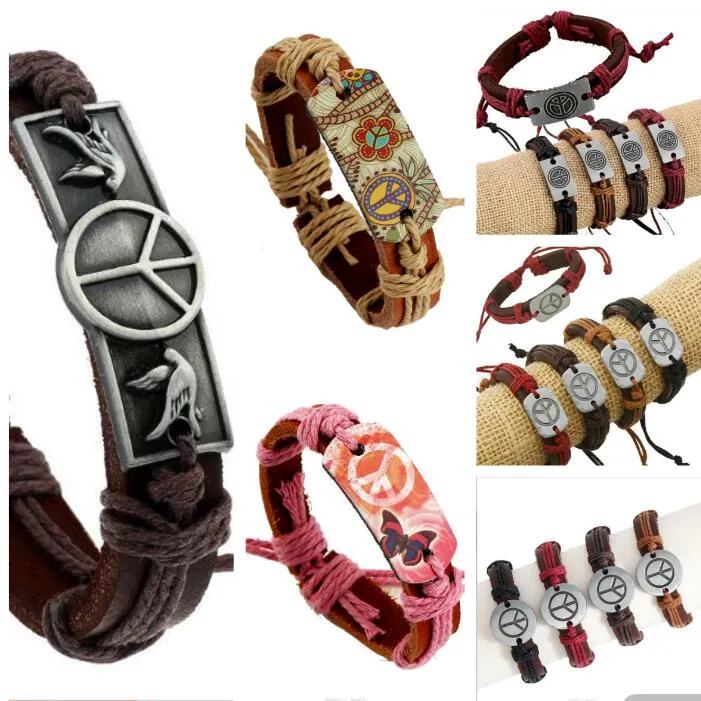 100% läderarmband Peace Dove Peace Sign Charm Men Armband Alloy Charms Armband smycken Multi Style blandade beställningar
