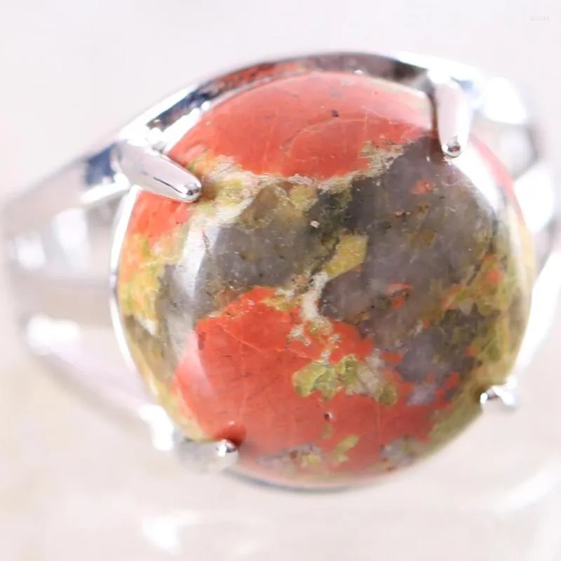 Clusterringen 1 stks Vrouwen Ring Natural Stone Unakite Epidote Round Cabochon Cab kralen Verstelbare vinger sieraden Gift K212