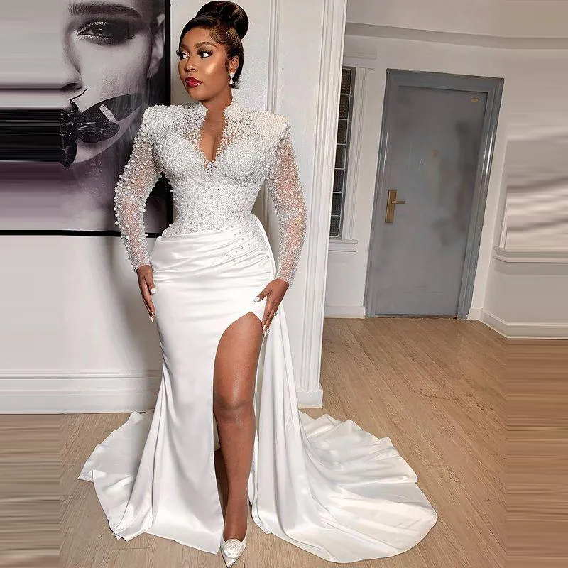 Plus Pearl Embellished Split Mermaid Hem Formal Dress Wedding Dress