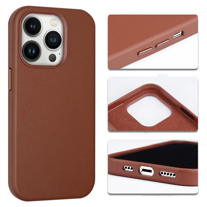 Coque de téléphone magnétique en cuir véritable Vogue pour iPhone 14 13 12 Pro Max durable protection intégrale souple pare-chocs solide grain de litchi couverture arrière prenant en charge le chargement sans fil
