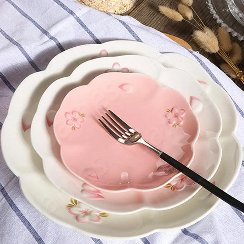 Tablice wytłoczona płyta ceramiczna kwiat wiśniowy różowy stek stek makaron do ciasta deser owocowy sałatka warzywna zastawa stołowa