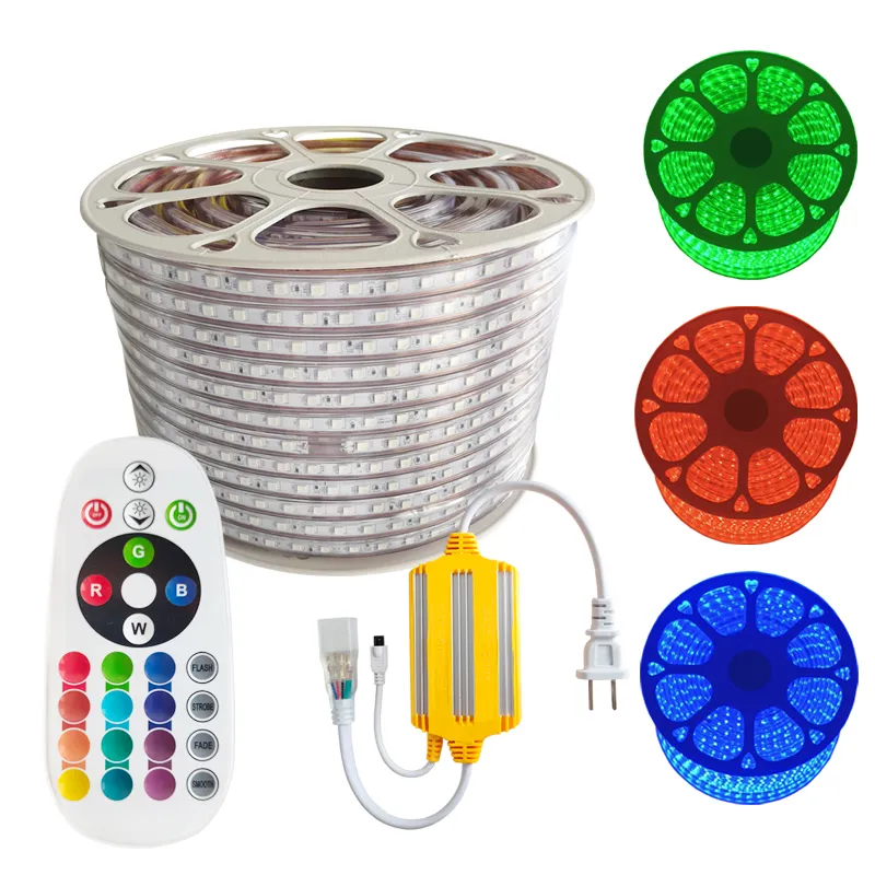 AC 110-120V Flexible RGB LED Strip Lights, 60 LEDs/M, Waterproof, Multi Color Changing 5050 SMD LED Rope Light + Remote Controller for Wedding Party Decoration oemled