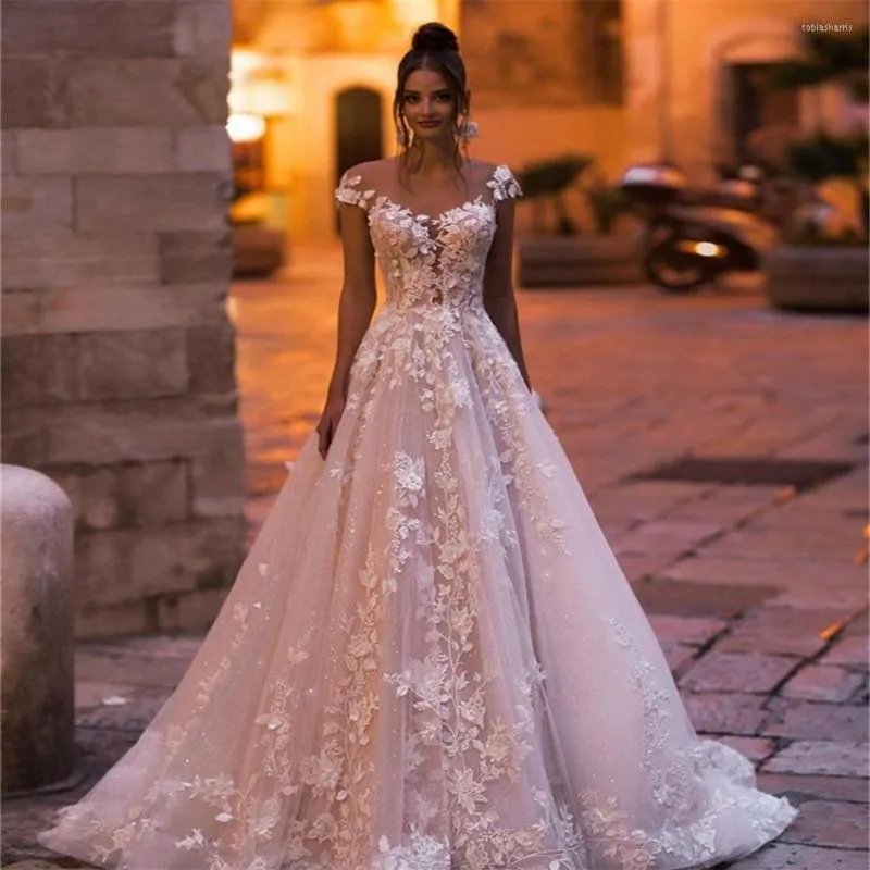 Wedding Dress Lace Floral Applique Bridal Gown Glittery A Line Sweetheart Off The Shoulder Backless Sweep Train Princess In