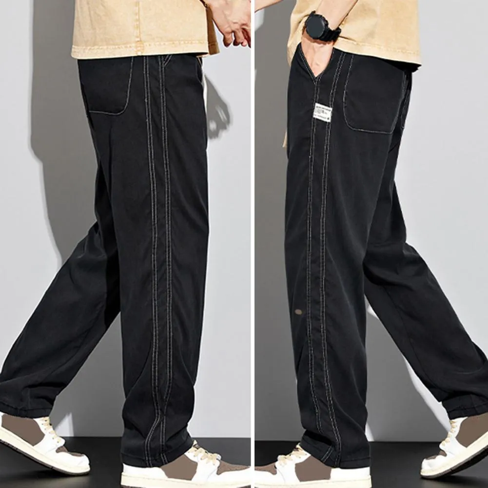 DHgate.com:Mens Mid-Rise Elastic Waistband Drawstring Pockets Thin Solid  Hip Hop Straight Wide Leg Denim Jeans:Apparel
