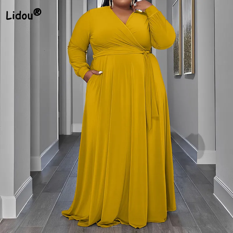 Plus Size Maxi Dress Elegant V-Neck Long Sleeve Autumn Dress