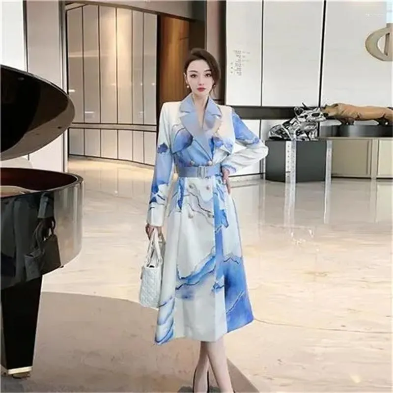 Women's Trench Coats Long Blazer Women Spring Ink Painting Belt Windbreaker Women's Coat High Quality Suit Jacket Fashion Dress Lady