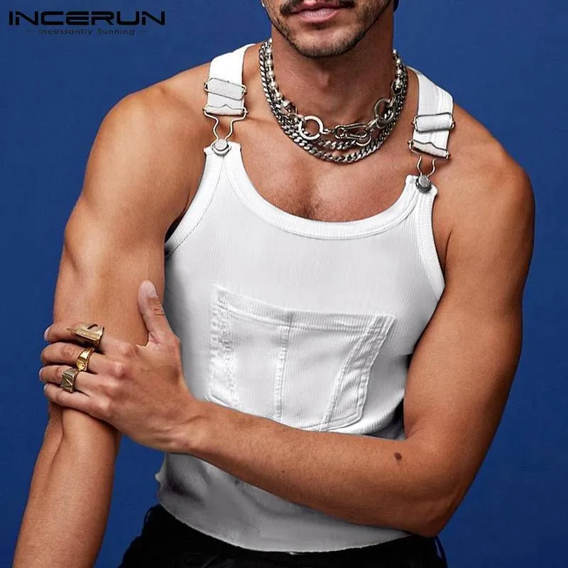 Men's Tank Tops Fashion Oneck Solid Color Sleeveless Pockets Suspender Vests Skinny Streetwear Sexy Vacation 5XL INCERUN 230510