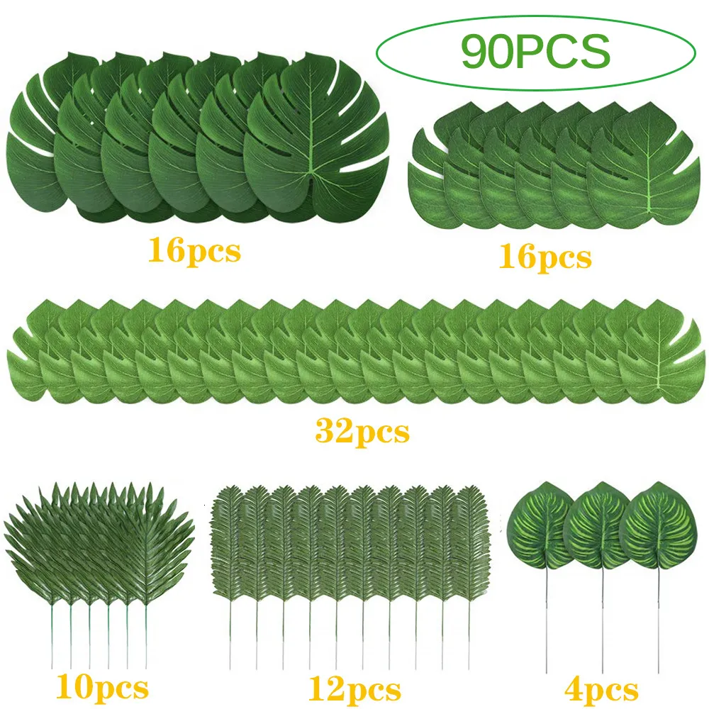 Decorative Flowers Wreaths 90 Pieces 6 Kinds Artificial Palm Leaves Tropical Decorations For Jungle Party Beach Birthday Luau Hawaiian 230510