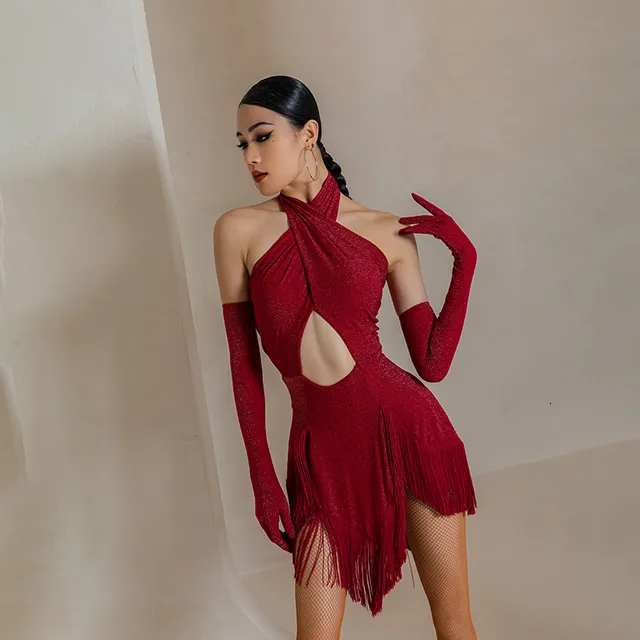 Backless Cross Latin Dance Dress With Fringed Skirt And Red
